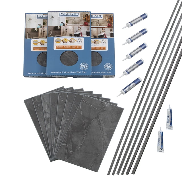 Palisade 25.6in x 14.8in Vinyl Wall Tile Shower Kit in Cracked Slate. This DIY kit includes waterproof interlocking wall tiles with a natural stone look, matching trims, adhesive, and sealant. The tiles are made of durable PVC, lightweight, and scratch-resistant, perfect for moist environments like showers. The interlocking edges create a grout line appearance without requiring grout. The photo-realistic patterns feature unique variations for an elegant and realistic finish.