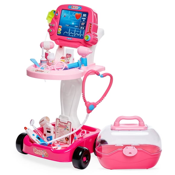 Best Choice Products Trousse de Docteur pour Enfants, Ensemble de Poste Médical de Jeu avec Étui de Transport, Chariot Mobile - Rose