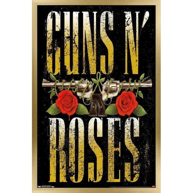 Guns N' Roses - Stacked Logo Wall Poster, 22.375" x 34" featuring distressed yellow gradient text on black background with two silver revolvers crossed horizontally, entwined with green vines and flanked by two red roses with green leaves, framed in light wood. Suitable for music-themed room decor or party decoration.