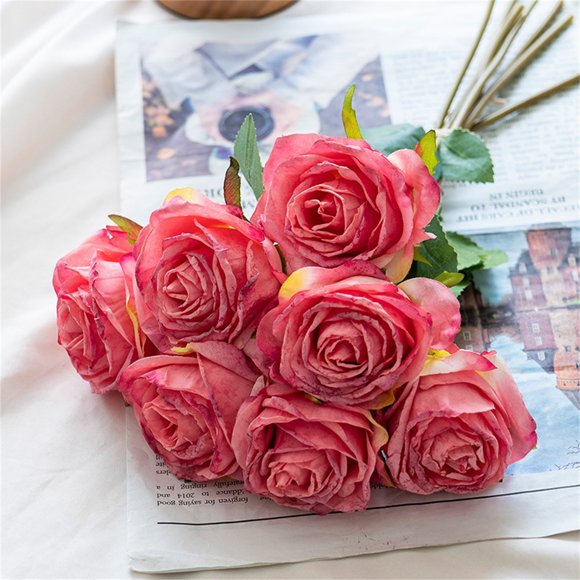 7 Head Rose Simulation Flowers with Antique Burnt Edges, European-Style Faux Floral Arrangement for Home Decor, Realistic Artificial Roses Bouquet for Wedding Living Room Table Centerpiece