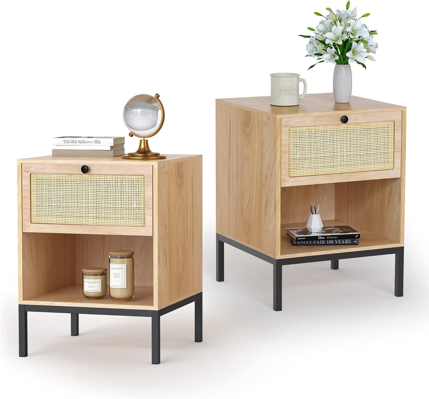 Brafab Rattan Nightstand Set of 2, End Table, Bedside Table, Rattan Side Table with Handmade Natural Rattan Decorative Door, Accent Table, Modern Nightstand for Bedroom, Living Room