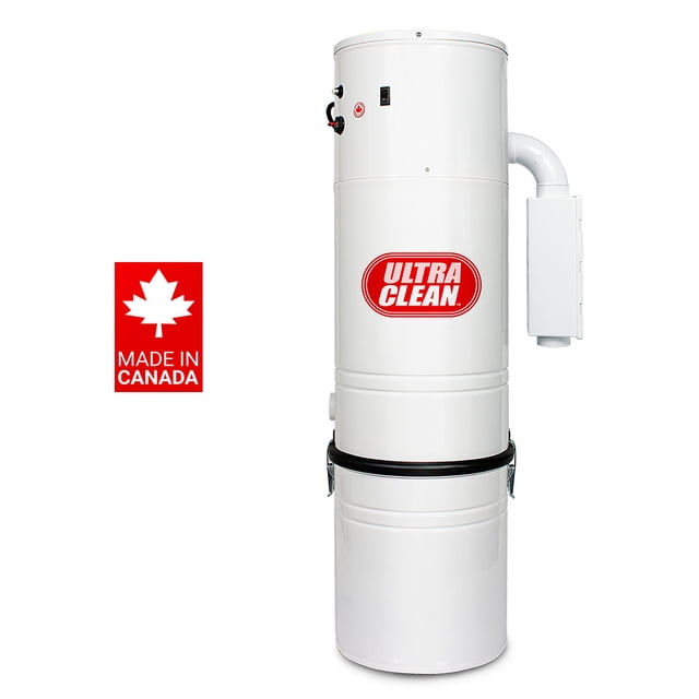 Ultra Clean SC200 Central Vacuum System Power Unit with Ametek Tangential Bypass Motor, ideal for homes up to 7,500 sq.ft. Features durable all-steel construction with eco-friendly electrostatic powder coat finish, operating at 550 air watts and 125-inch water suction power. Includes a tangential bypass motor for optimal cooling and longevity, a superior filtration system with hybrid technology, and a standard 6-foot supply cord. Made in Canada with a quiet exhaust muffler, powerful suction, and guaranteed for life against corrosion perforation.