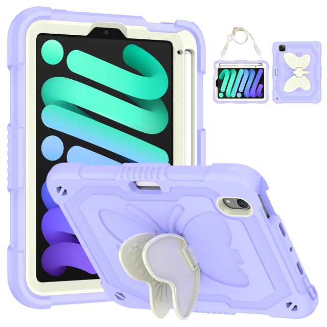 Case for iPad Mini 7 A17 Pro 2024/Mini 6 2021 8.3 Inch 7th/6th Gen with Butterfly Stand, Shockproof Protective Tablet Cover with Pencil Holder Shoulder Strap for Kids Girls, Beige Purple