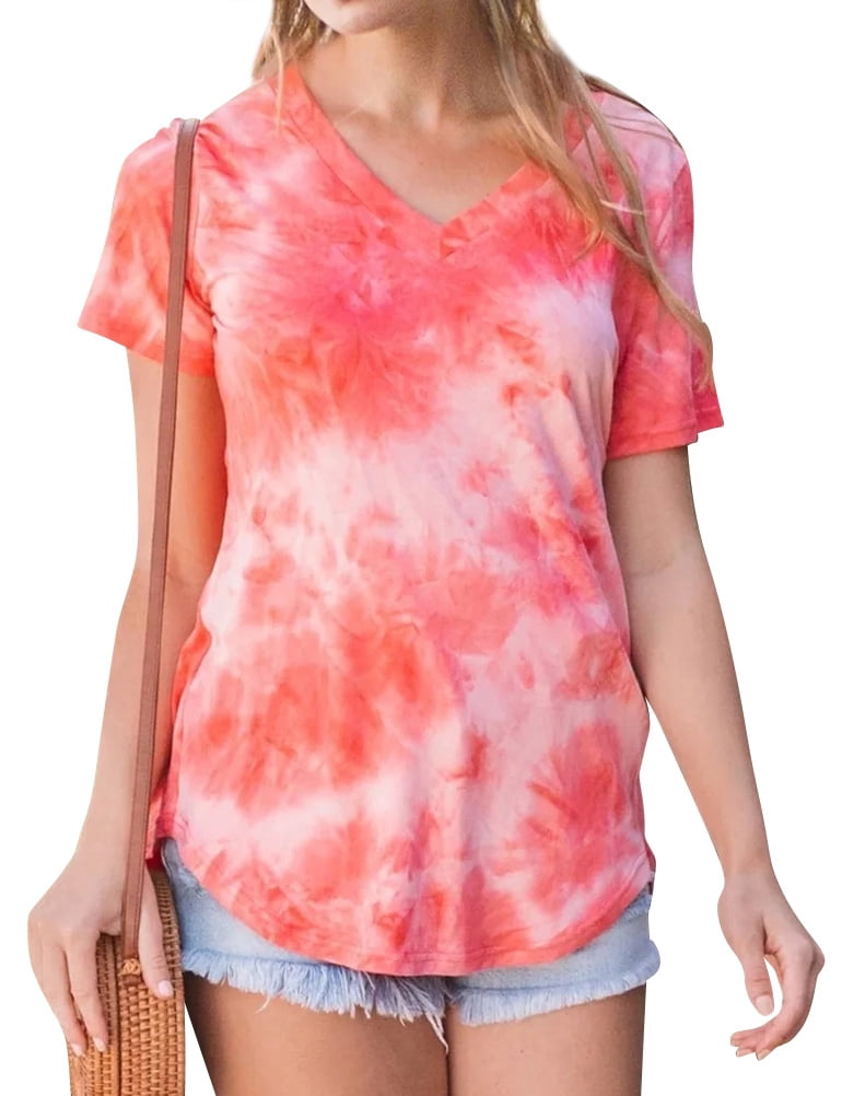 T-shirt Ample Teinture sur Nœuds à Col en V à Manches Courtes pour Femme