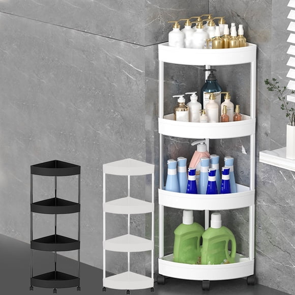 Bowayaoa Bathroom Corner Storage Shelf Organizer with Rolling Wheels, Detachable 4-Tier Shelving Unit, Drainage Holes & Guardrail