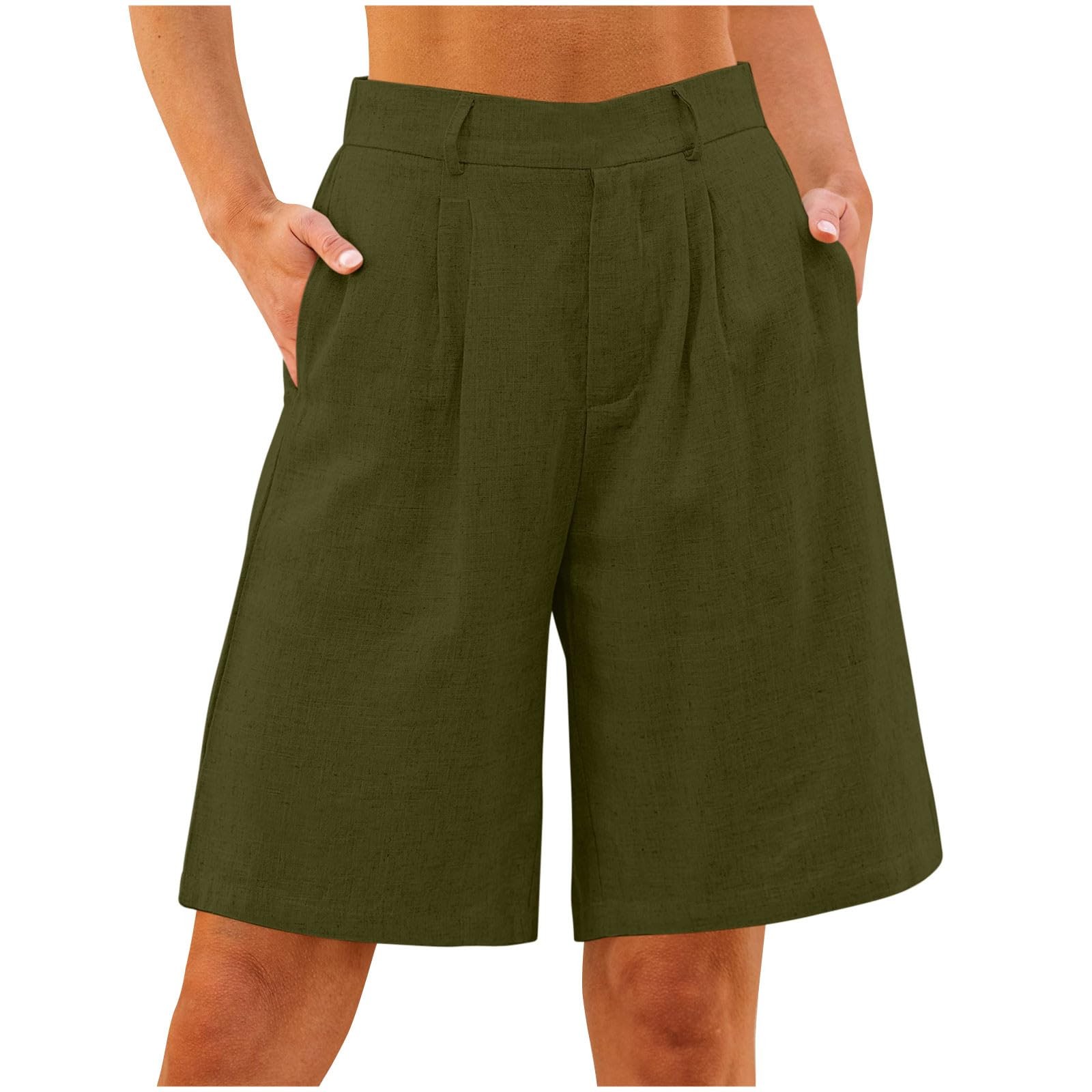 10" Inseam Bermuda Long Biker Shorts for Women Plus Size Knee Length Linen Wide Leg Mid Rise Lightweight Comfy Long Shorts Elastic Waist Stretch 2025 Summer Flowy Shorts with Pockets Green L