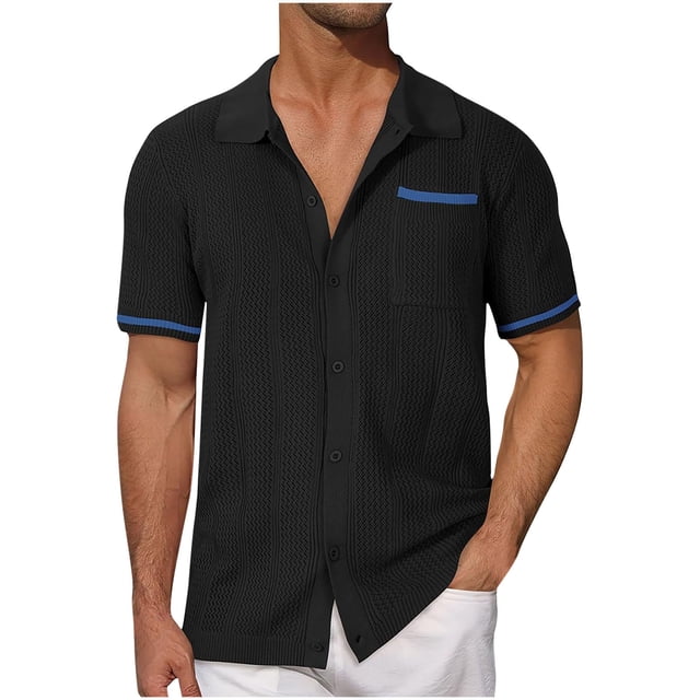 QIPOPIQ Mens Knit Button Down Shirt Short Sleeve Button Up Shirt Summer Casual Beach Tops Clearance