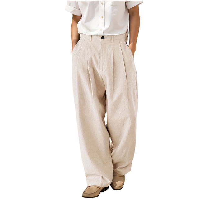 JMYHOAM Linen Pants for Men Work Pants Dress Pants Double Pleated and Fashionable Trousers with Button Zipper and Multiple Pockets