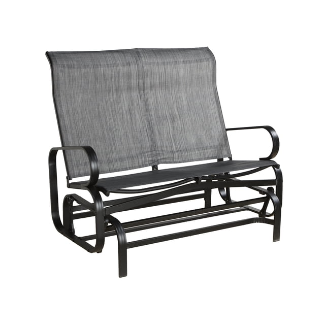 Sojag Bahia 4 x 2 x 3 ft charcoal outdoor glider bench with rustproof aluminum frame and grey PVC-coated polyester fabric seat and backrest, featuring an easy glide mechanism and curved armrests, suitable for relaxing on patios.