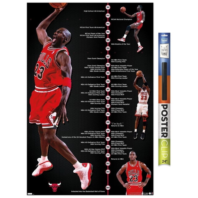 Michael Jordan - Timeline Wall Poster, 22.375" x 34" Framed displaying a vertical timeline of Michael Jordan's basketball career achievements from 1981 to 2009. The poster features images of Jordan in his Chicago Bulls uniform performing basketball moves like dunking and shooting. The timeline lists milestones including NBA Rookie of the Year, multiple MVP awards, NBA Championships, Olympic Gold Medals, and Hall of Fame induction. The black background with white and red text includes the Chicago Bulls logo. The framed poster has a satin finish and a sawtooth hanger for easy wall mounting, ideal for home or office decor.