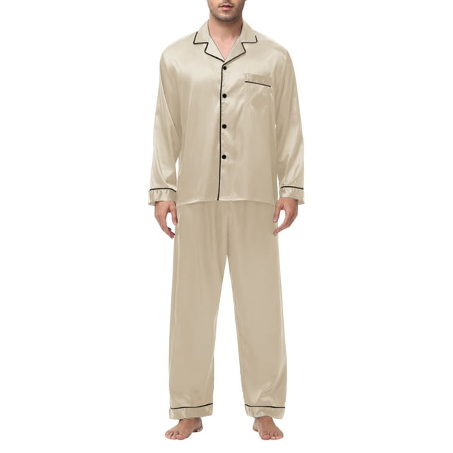 JMYHOAM Mens Pajamas Sets Lounge Sets for Men Long Sleeves Turn Down Collar Pajamas Spring Silk Ice Silk Buttons Homewear Set Loungewear