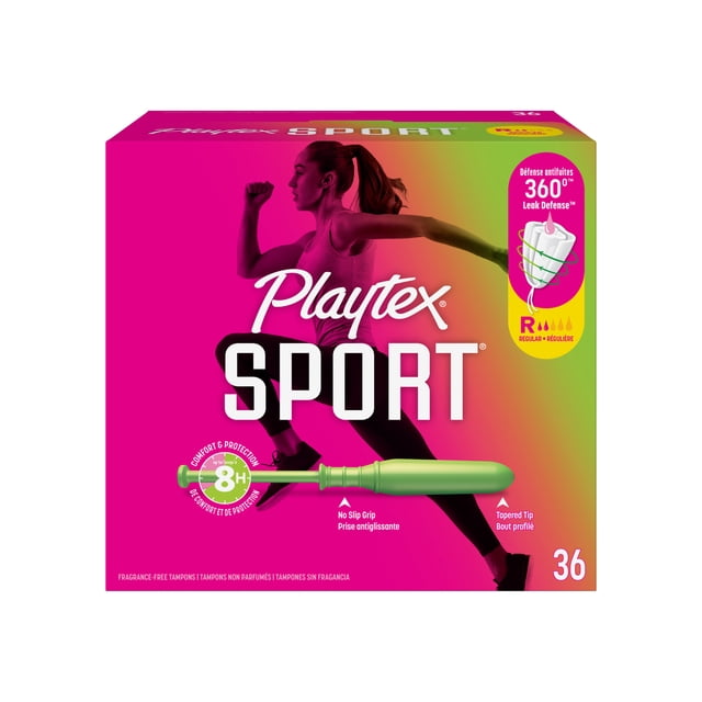 Playtex Sport Unscented Athletic Tampons Regular box with a pink and green gradient background featuring a female runner silhouette, a green contoured tampon applicator with no-slip grip and tapered tip, highlighting 360° leak defense and 8-hour comfort protection, containing 36 unscented tampons for sport level protection.