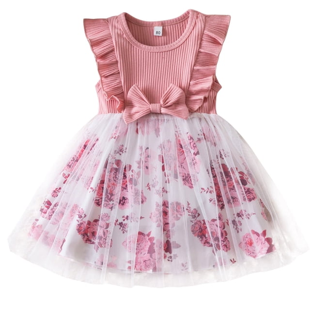 Robe d'Été pour Fille, Robe de Princesse en Coton à Manches Courtes avec Imprimé Floral pour Occasions Spéciales