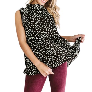 Ruffle Neck Sleeveless Women Top Elegant Dot Print Loose Fit Casual Blouse Ladies Clothing