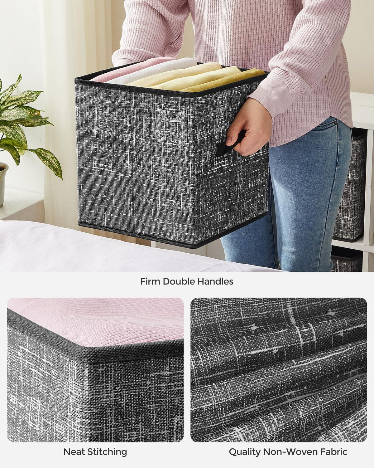 Songmics Home - Lot de 6 cubes de rangement de 11" - Bacs de rangement pliables en tissu avec poignées, noir classique