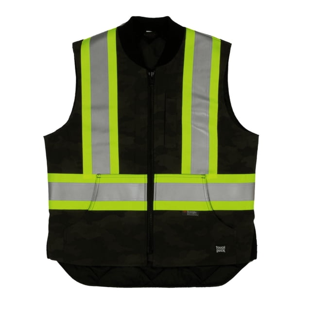 Gilet de Sécurité Camo Flex Duck avec Motif camouflage Foncé, Fermeture Éclair avant Robuste, Rayures Réfléchissantes Scotchlite Jaune-Vert de 3 m Verticalement et Horizontalement, Col en Tricot Côtelé et inserts Latéraux, Doublure Matelassée en polyester, Poches Intérieures et Poitrine, et Dos Rabattable pour Superpositions Confortables en Tenue de Travail.