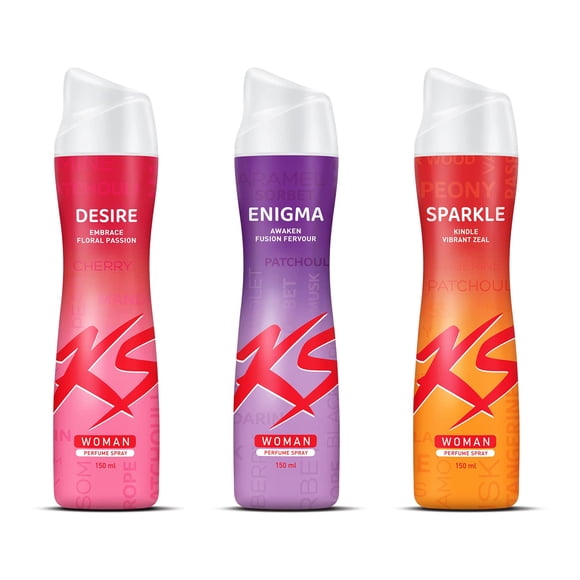 Kama Sutra Desire+ Enigma+ Sparkle Woman Perfume Spray Pack Of 3X 150ml - 5.07 Fl.oz. Each | Long Lasting Deodorant Spray For Girls | With Mandarin, Jasmine & Patchouli Notes