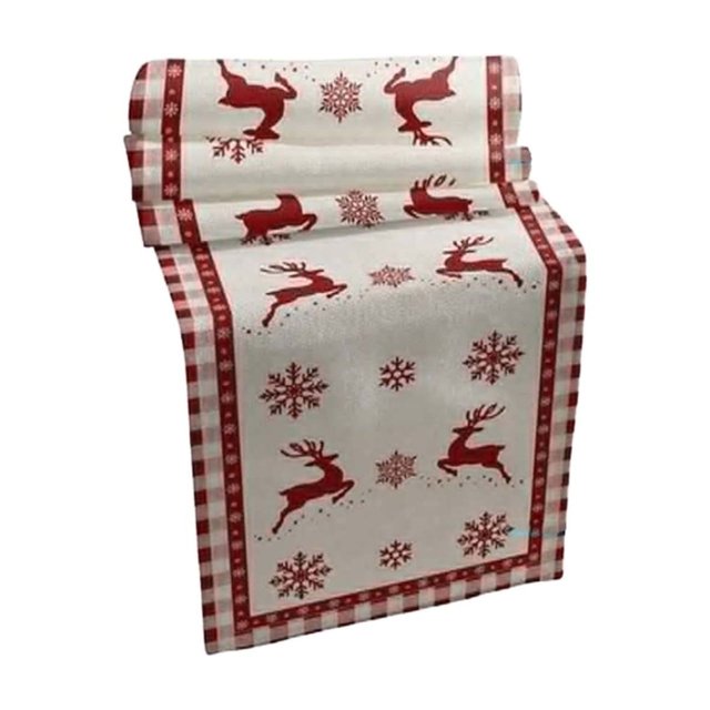 Less Than 5 Table Cloth Christmas Table Runner with a festive rustic design featuring red snowflakes and reindeer patterns on a white cloth background, bordered by red and white checkered edges. Perfect for holiday or birthday dining table decor and Christmas gatherings.