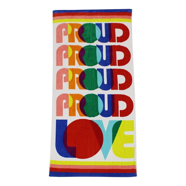 Mainstays Printed Beach Towel measuring 28 by 60 inches with a colorful design featuring the word 'PROUD' repeated four times in stacked multicolored letters and 'LOVE' in large overlapping letters at the bottom, made of soft, absorbent cotton with a hanging loop, suitable for drying off or relaxing on the beach.