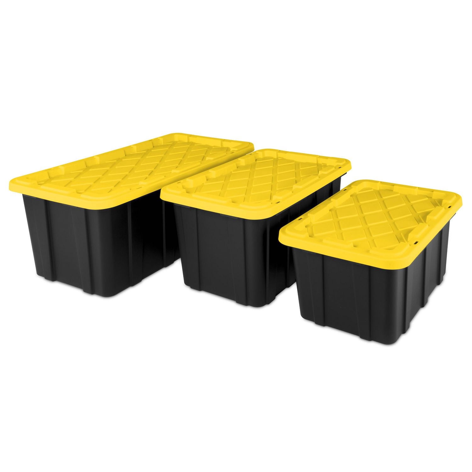 Bac de rangement industriel Sterilite de 64L, bac de rangement en plastique durable avec couvercle à clip, Noir/Jaune - 6 Pk