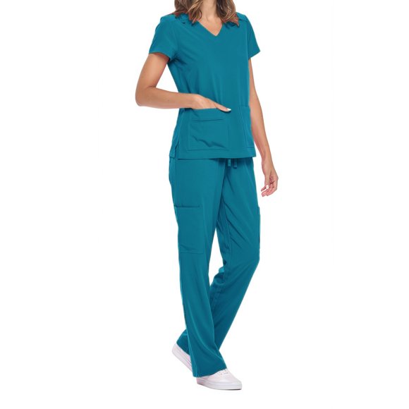 Amzcrzy Scrubs for Women Casual Short Sleeve V Neck Scrub Tops and Elastic Waist Drawstring Scrub Pants Workwear Casual Solid Color Scrub Sets for Woman with Pockets M