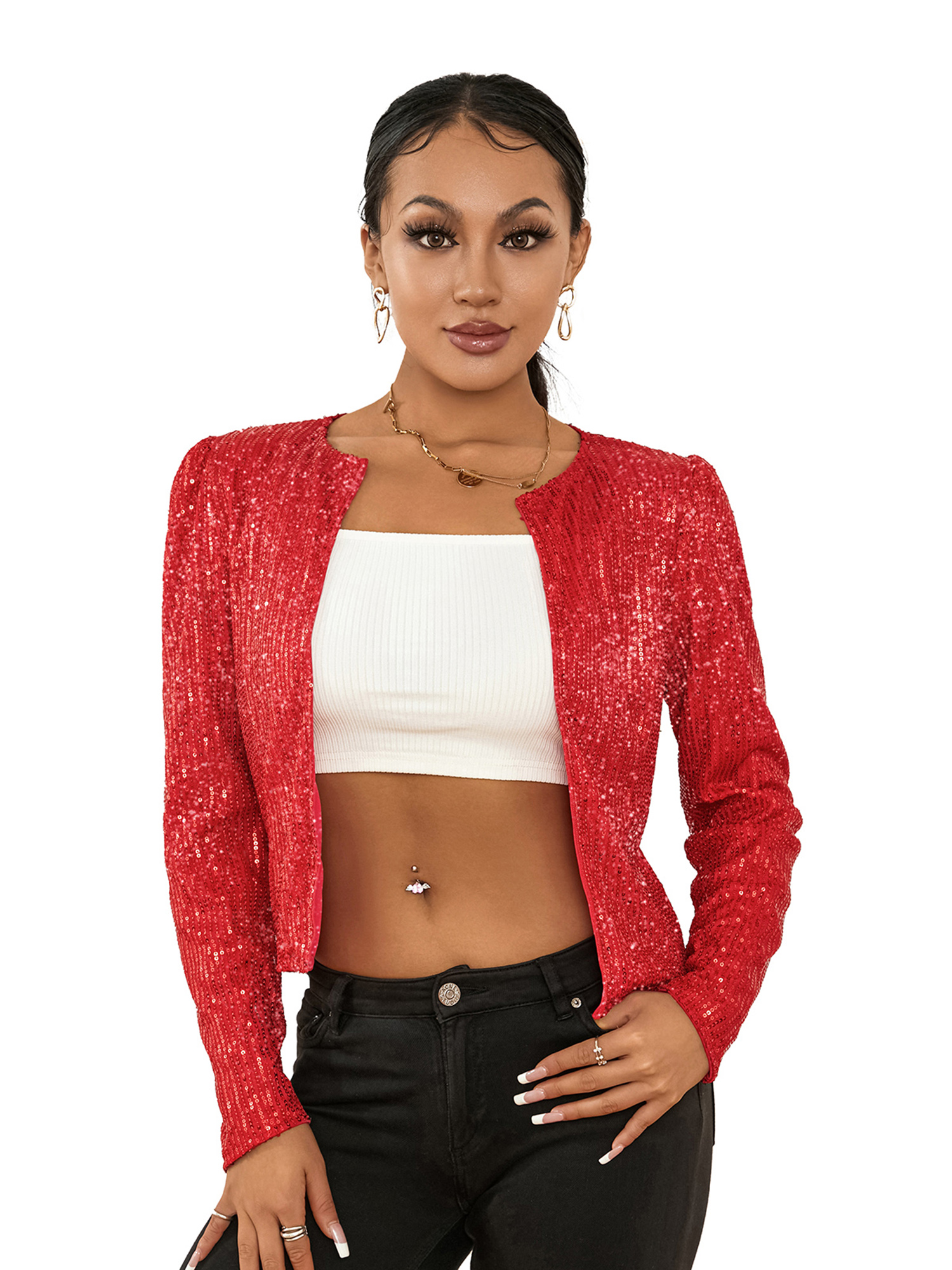 Kmbangi Women Sequined Jacket, Long Sleeve Open Front Fall Ladies Cardigan for Club Party