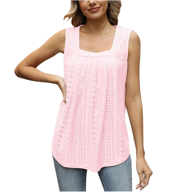 Dealovy Womens Eyelet Tank Tosps Summer Loose Square Neck Sleeveless Loose Beach Flowy Tunic Tops