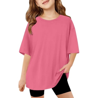 Fgnfyis T-Shirts pour Filles Enfants Été Hauts Surdimensionnés Décontractés Col Rond T-Shirts Basiques Manches Courtes T-Shirts Filles Hauts Rose Vif 7-8 Ans