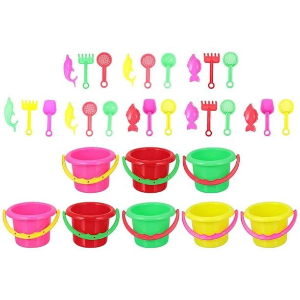 8 Sets Mini Beach Bucket and Set Sand Box Play Set Sand Beach Pails for Kids Beach and Sand Toys. Features durable plastic buckets in vibrant red, green, pink, and yellow, accompanied by sand tools including shovels, rakes, and molds shaped like fish and dolphins. Perfect for beach games, backyard play, school activities, and party favors.