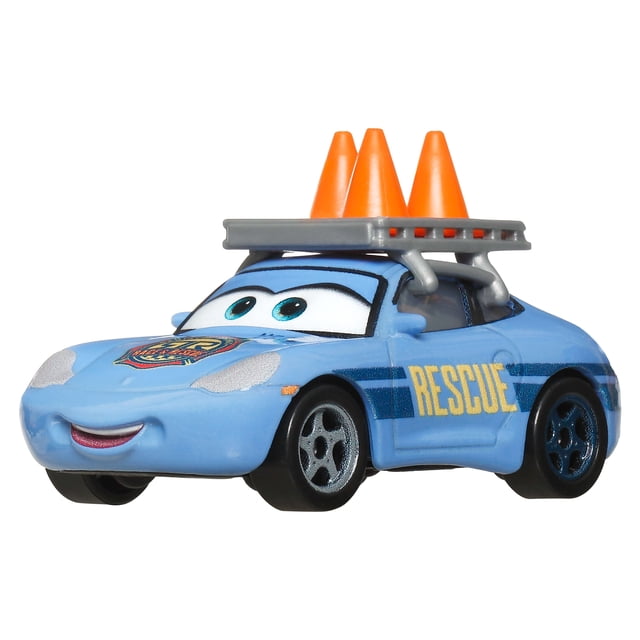CARS Rescue Sally Véhicule Moulé sous Pression Est une Voiture-Jouet Moulée sous Pression Bleu Pâle à l'Échelle 1:55 avec des Yeux Animés sur le Pare-Brise, une grille avant Souriante et « Rescue » Imprimée en Jaune sur le Côté. Il Présente une Porte-Bagages de Toit Grise Tenant Trois Cônes de Circulation orange et des Roues Détaillées Noires et Argentées, Convient aux fans et aux Collectionneurs de Disney Pixar Les Bagnoles.