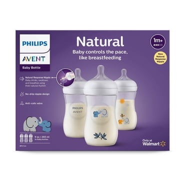 Philips Avent Natural Baby Bottle With Natural Response Nipple, With Blue Elephant Design, 3x9oz Bottles, SCY903/63