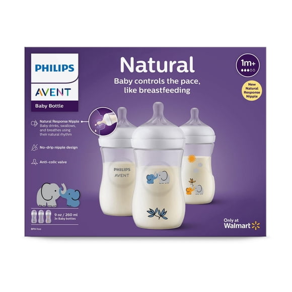 Philips Avent Natural Baby Bottle With Natural Response Nipple, With Blue Elephant Design, 3x9oz Bottles, SCY903/63