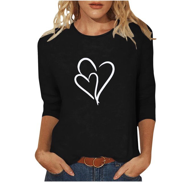 Plebaso Hauts Cœur pour Femmes Manches 3/4 Col Rond T-Shirts Décontractés Imprimé Chandail Femmes 2025 Tee Blouses