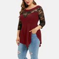 thumbnail image 3 of Heliisoer Plus Size Floral Lace Women Solid O-Neck Asymmetric Three Quarter Tops, 3 of 7