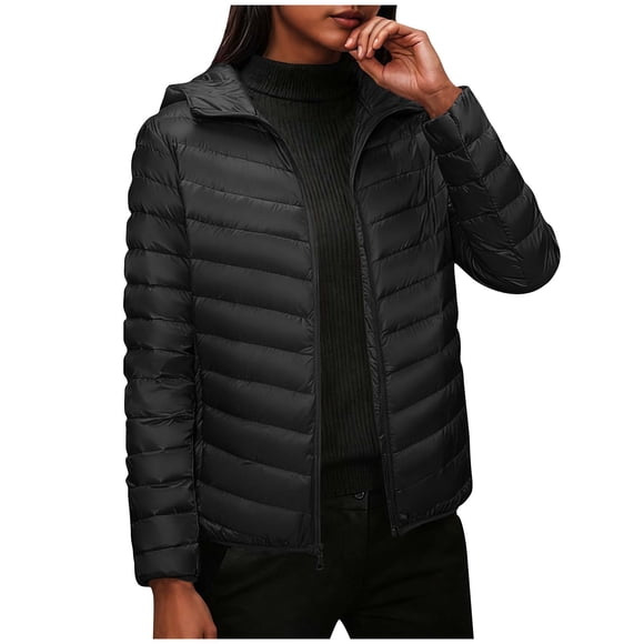 Pisexur Women Puffer Jacket Lightweight Packable Solid Color Winter Coat Insulated Water Resistant Short Down Coat Casual Long Sleeve Hooded Jackets for Women M-5XL Black