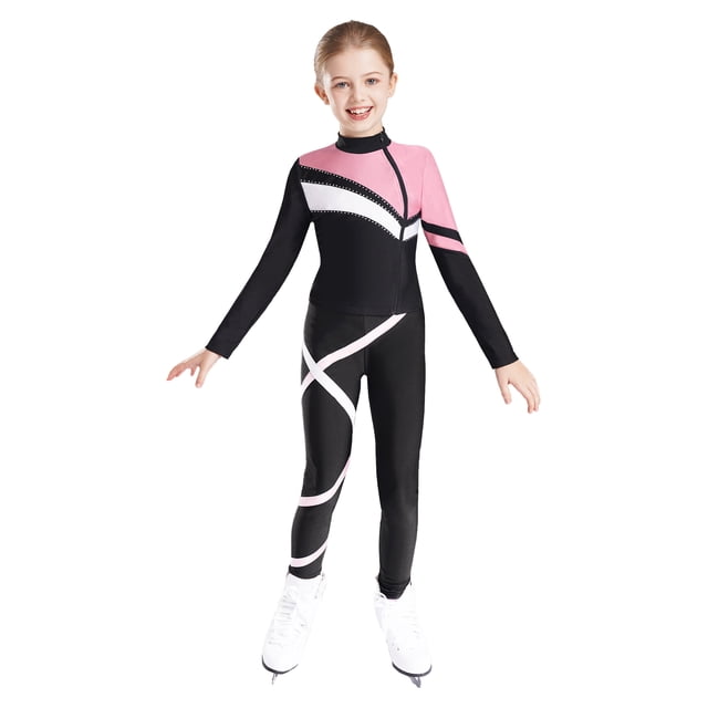 XUNZOO Kids Girls Long Sleeve Zipper Coat Shiny Rhinestones Contrast Color Patchwork Jacket With Leggings Figure Skating Dance Suit Pink 6