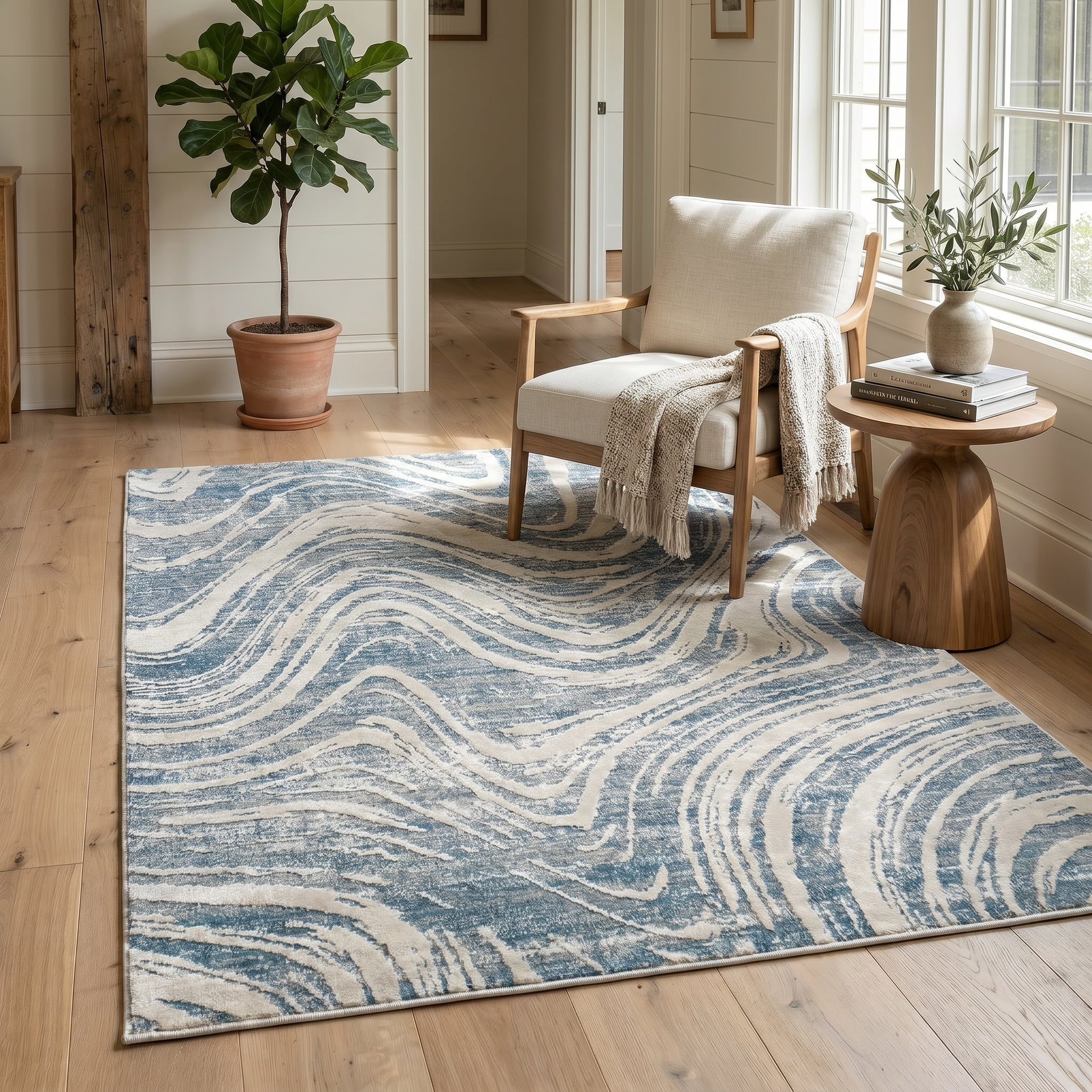 Tapis d'interieur abstrait Rug Branch Nomad, bleu beige, cotier - Salon, chambre, salle a manger et cuisine