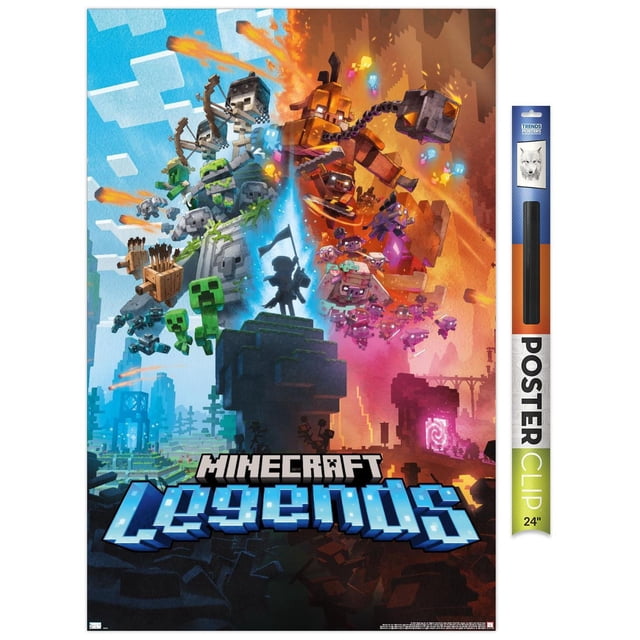 Minecraft: Legends - Affiche Murale d'Art Clé, 22,375 Pouces x 34 Pouces Représentant une Scène Divisée avec des Personnages et Créatures Minecraft. le Côté Gauche Montre des archers Squelettes, des creepers et des golems de Pierre sous un Ciel Bleu sur un terrain Rocheux. le Côté Droit Présente une Figurine à Tête de Citrouille Tenant un Fléau, des Guerriers Type Cochon et des Esprits Lumineux dans un Paysage orange Ardent. une Figurine Silhouettée Tenant un Drapeau Se Tient sur un Piédestal