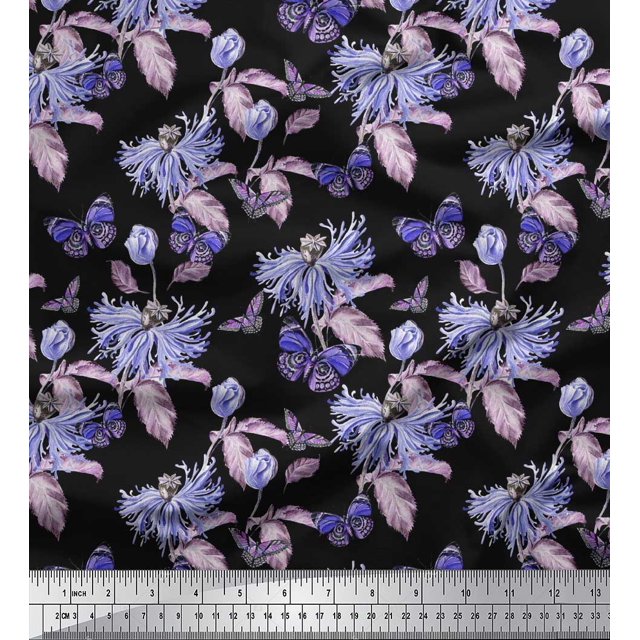 Soimoi Tissu Crêpe Polyester Violet Feuilles, Insectes & Imprimé Floral Vert au Mètre 52 Pouces de Large