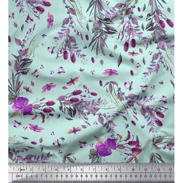 Soimoi Tissu Vert en Rayonne Imprimé Insectes, Roses et Feuilles au Mètre 56 Pouces de Large