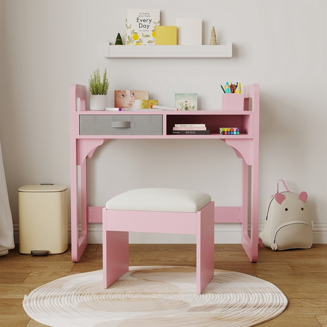 GloryStar Study Desk & Chair Set, Wooden Writing Table with Fabric Drawers and Built-In Pen Holder for Neat, Organized Learning Spaces