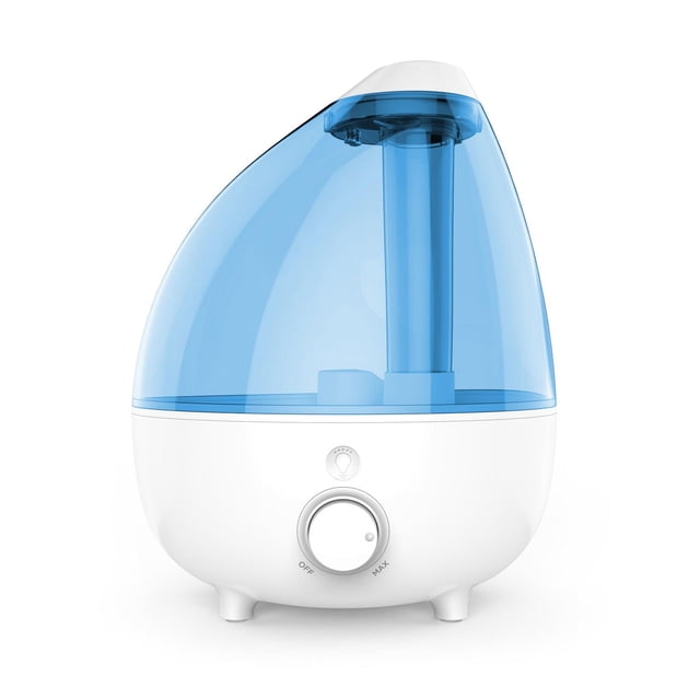 Pure Enrichment® MistAire™ XL Ultrasonic Cool Mist Humidifier with a 1-gallon translucent blue water tank and white base, featuring a front-facing variable mist control knob, automatic shut-off, whisper-quiet operation, and optional night light with three color settings, ideal for large rooms up to 500 square feet.