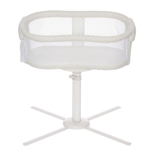 HALO® Bassinest® Lit Pivotant Essentia en Filet Nautique, un Moïse Rond avec Côtés en Maille Respirante et Garniture en Tissu beige Matelassé, Monté sur une base Métallique Blanche Ajustable avec Quatre Pattes pour la Table de Chevet, Conçu pour un Sommeil Sécuritaire des Nourrissons et un Accès Facile.