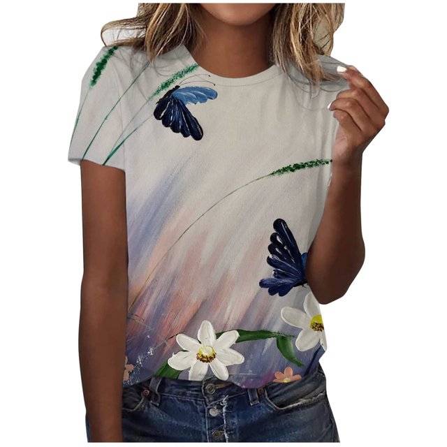 Birdeem T-Shirt Blouse Ample à Manches Courtes Décontracté pour Femmes, Imprimé, Plissé, Col Rond