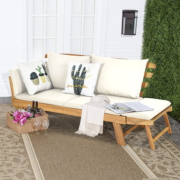 Costway Patio Convertible Sofa Daybed Solid Wood Adjustable Furni Thick Cushion White
