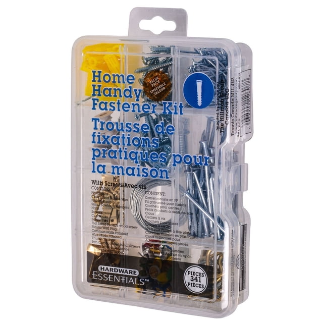 Hardware Essentials Trousse de Fixations Pratique pour la Maison avec 341 Fixations d'Articulation Assorties Incluant Vis, Clous, Prises Murales en Plastique, Crochets pour Photos, Fil et Crochets dans un Organisateur en Plastique Transparent, Convient aux Petits Projets d'Amélioration de la Maison.