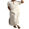 thumbnail image 1 of Mens V Neck Linen Robe Short Sleeve Kaftan Thobe Long Gown Saudi Arab Thobe Islamic Muslim Dubai Robe, 1 of 5