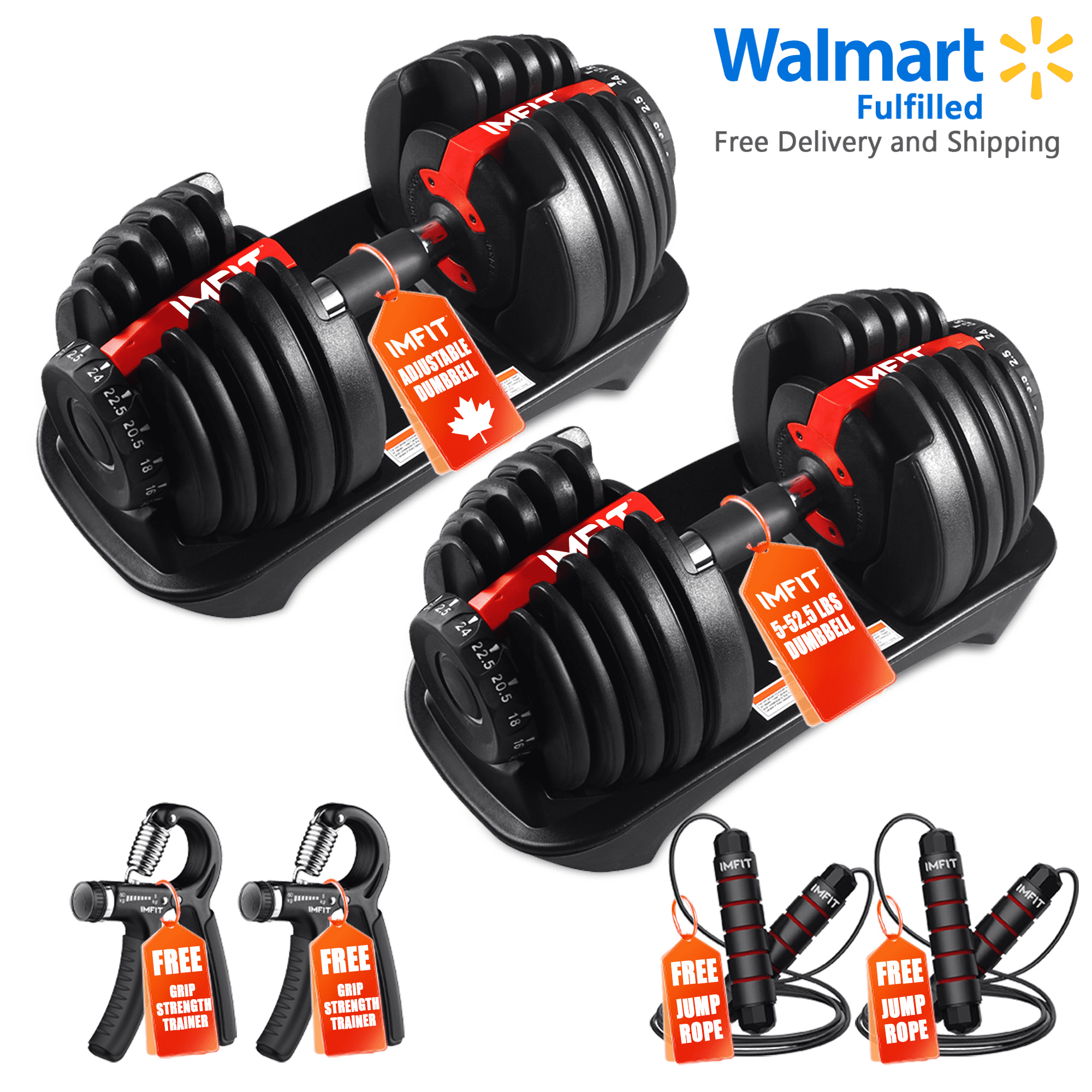 IMFit 5–52.5 lb Adjustable Dumbbell Set with 2 Hand Grips & 2 Jump Ropes | Complete Home Workout Bundle | Space-Saving Home Gym Workout Equipment