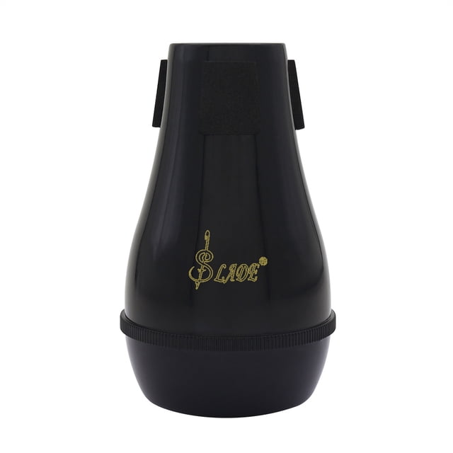 Light-weight practice trombone straight mute silencer made from durable ABS material, shown in a sleek black finish. Designed for alto and tenor trombones, this mute features a compact size of 13.2 x 8 x 4.8 cm and weighs 67g, making it ideal for quiet practice sessions without disturbing others. The image highlights the gold 'Slade' logo on the body, emphasizing its stylish design.