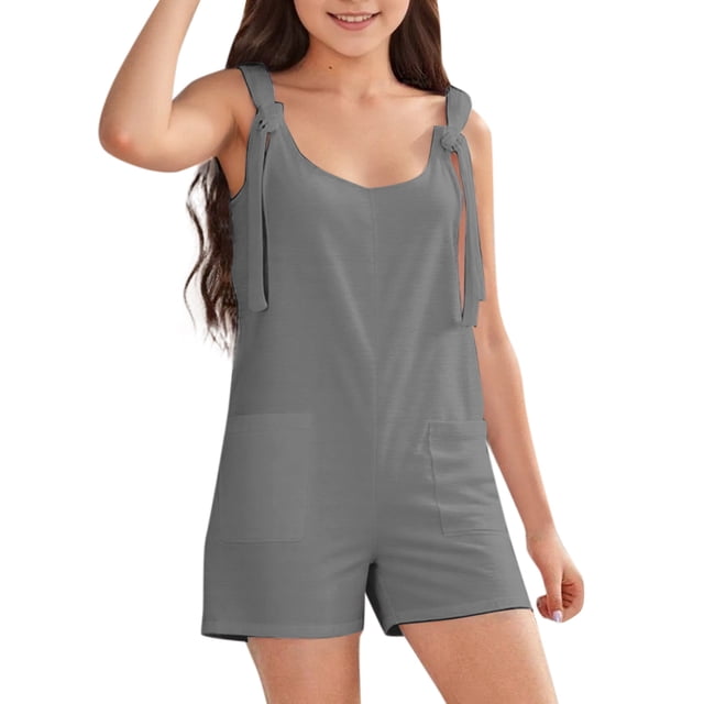 FAOWME Girls Solid Colored Short Overalls Kids Grey 11-12Years